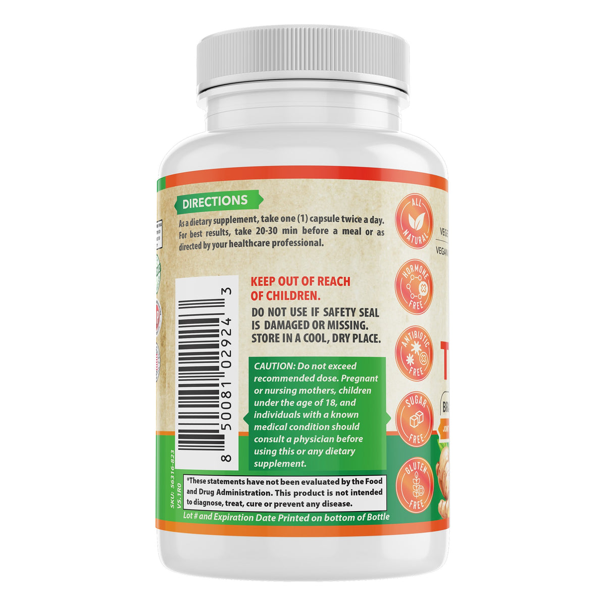 Turmeric with Organic Ginger and BioPerine - directions and barcode