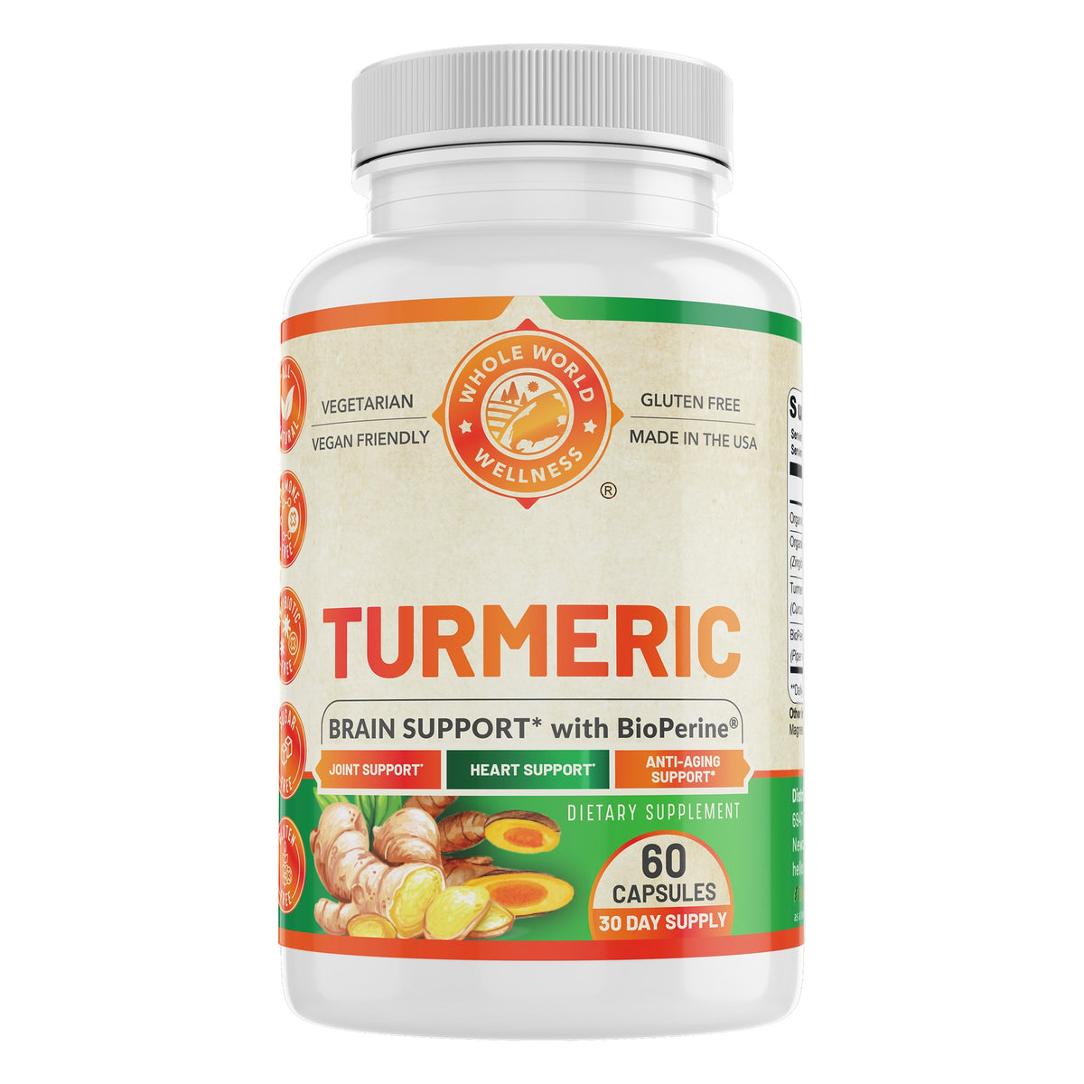 Turmeric with Organic Ginger and BioPerine, 60 capsules, 30 day supply - front of the bottle