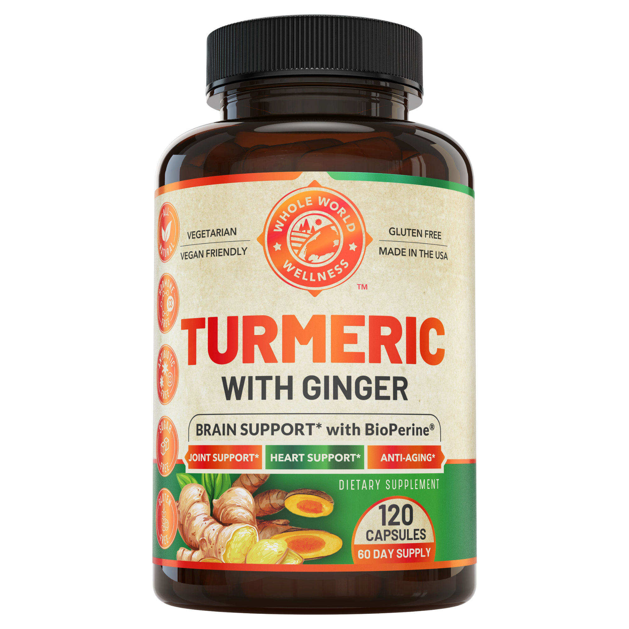 Organic Turmeric Ginger supplement, front of the bottle
