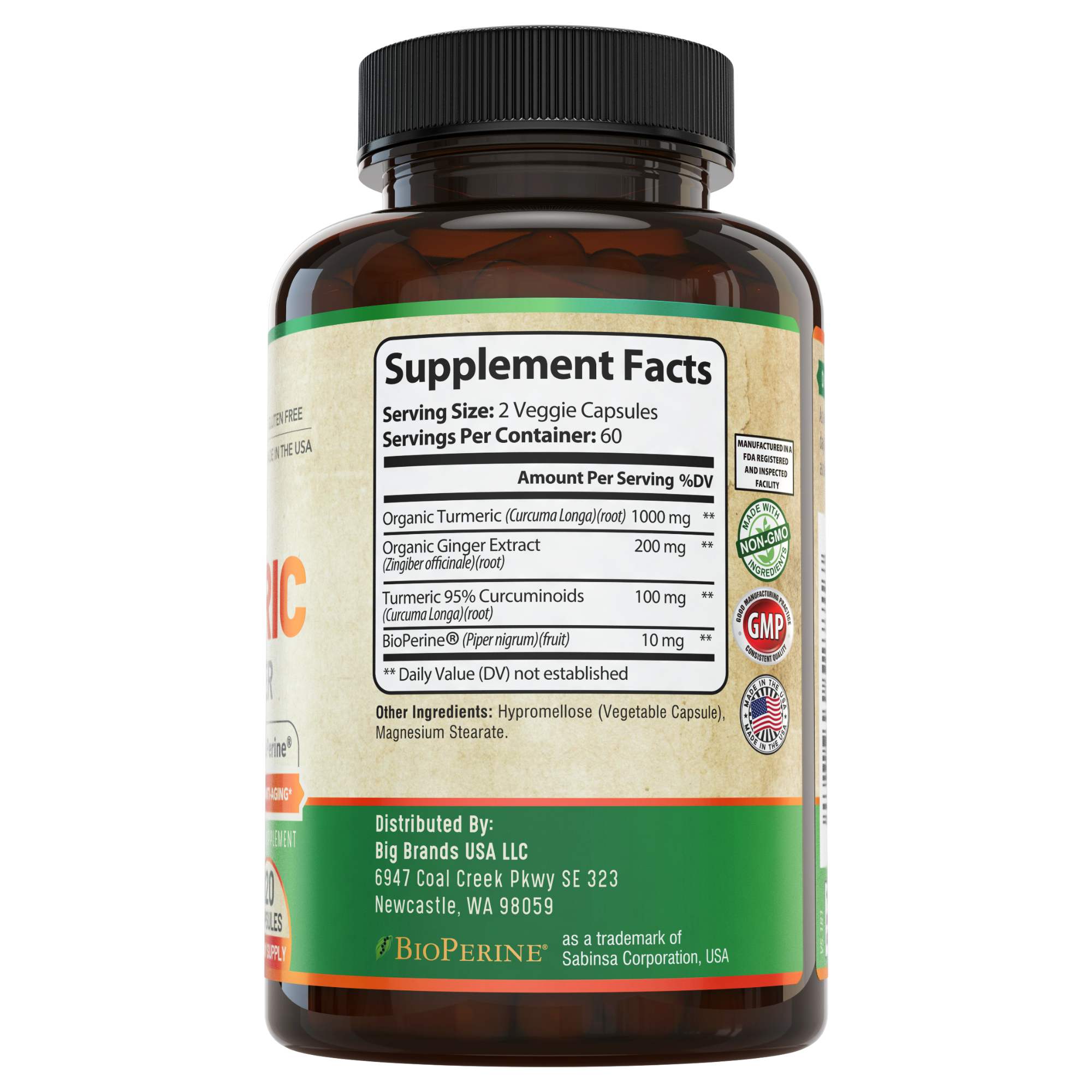 Organic Turmeric Ginger supplement, right side of the bottle