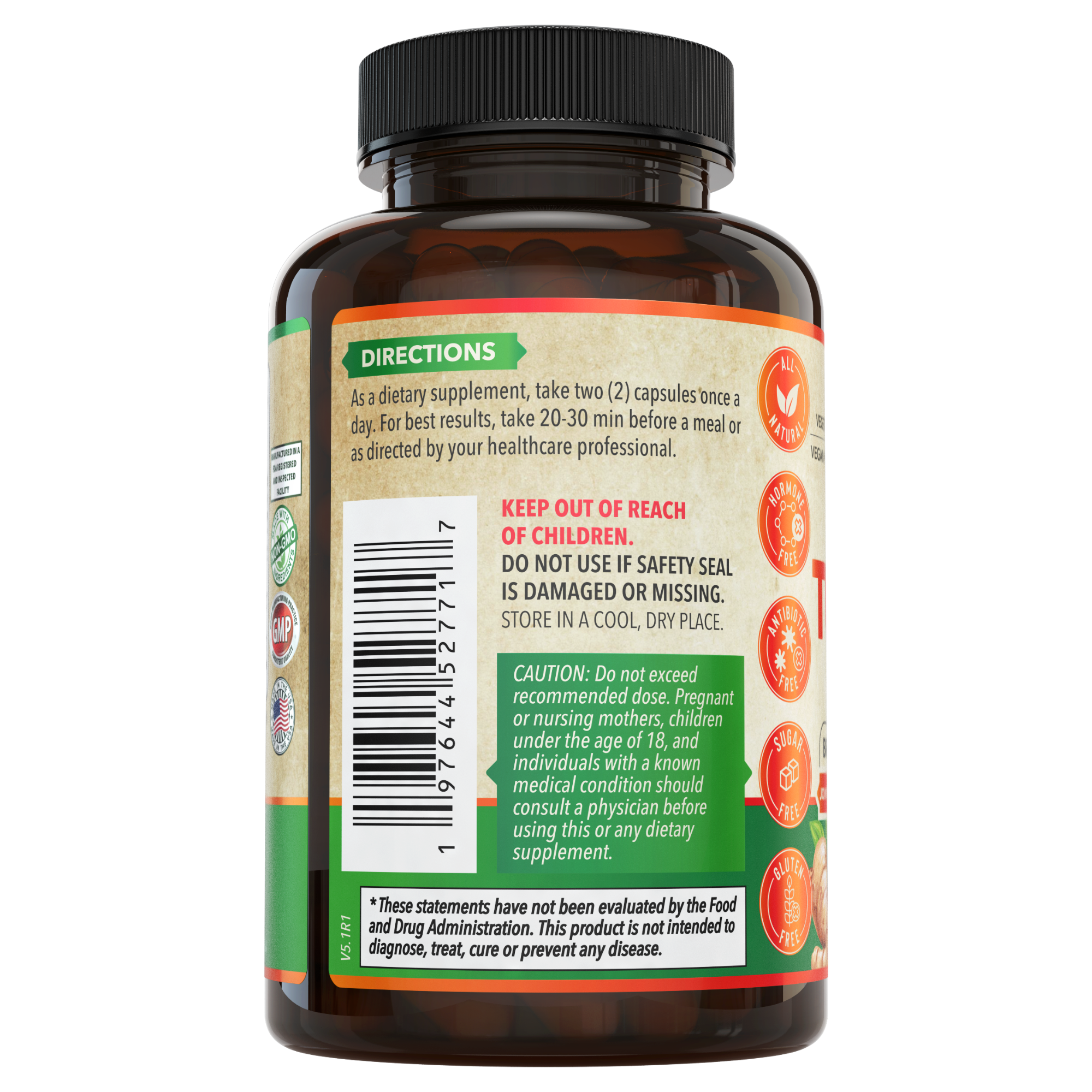 Organic Turmeric Ginger supplement, left side of the bottle