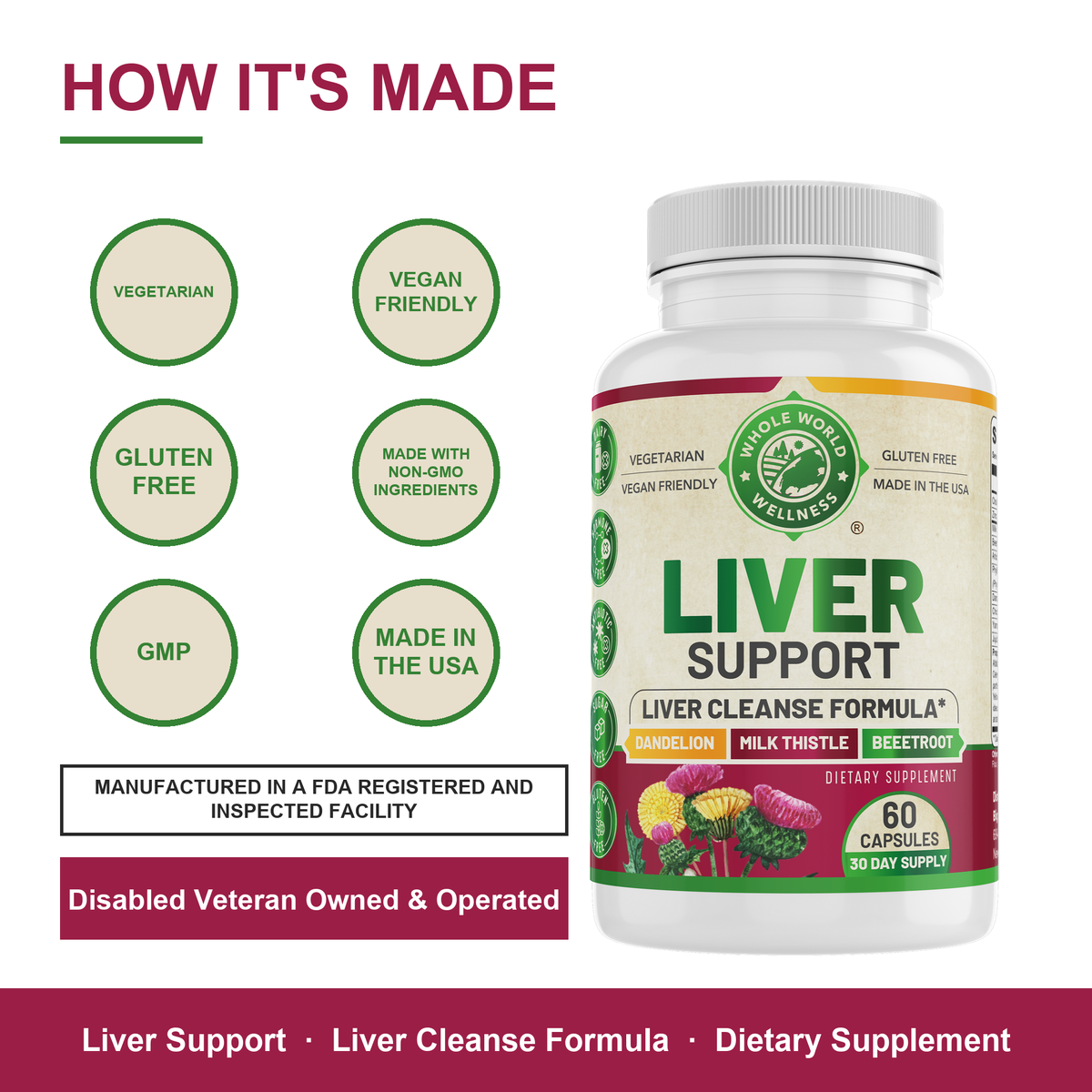 Liver Support how it's made: vegetarian, GMP, made in the USA, disabled veteran owned