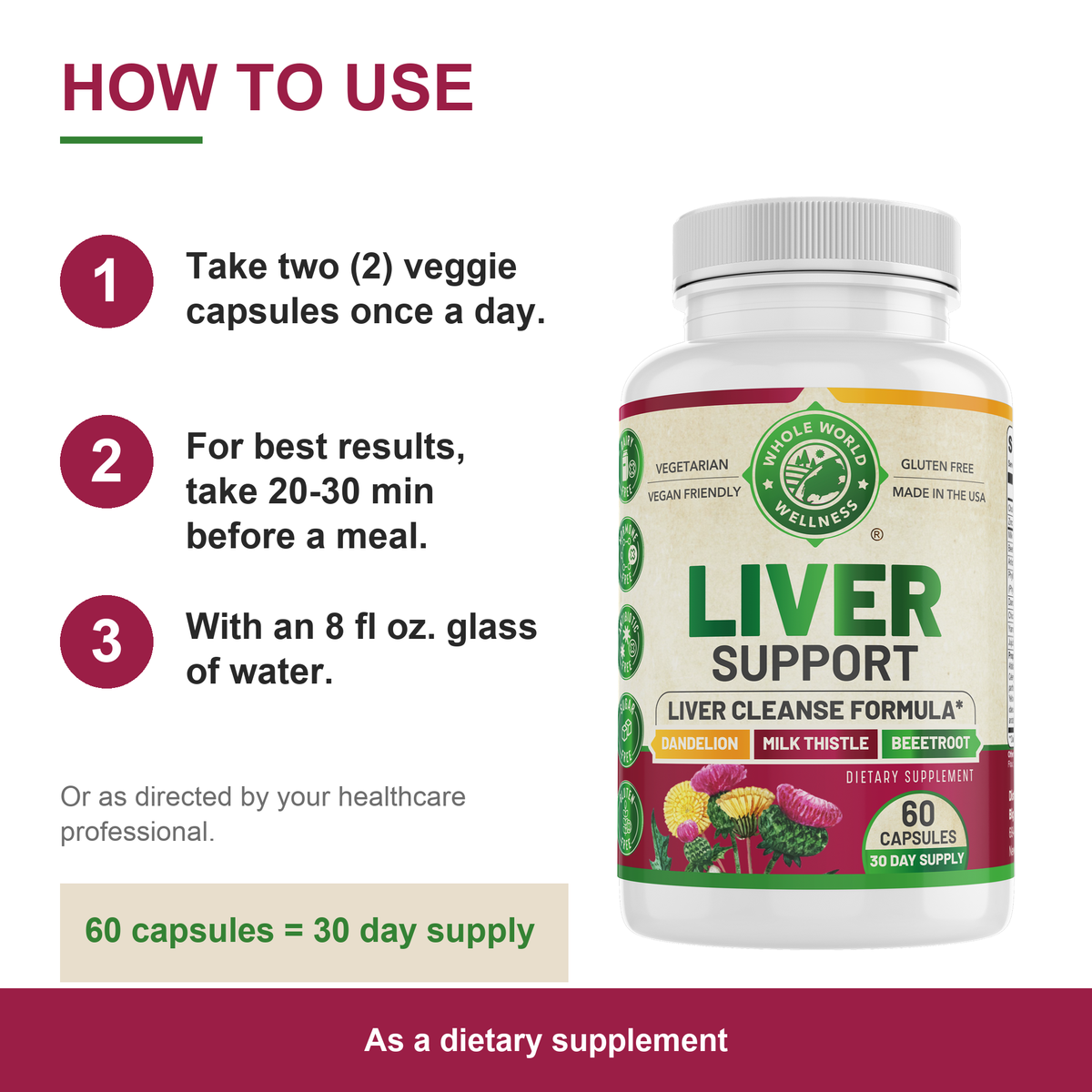 Liver Support how to use: two veggie capsules once a day